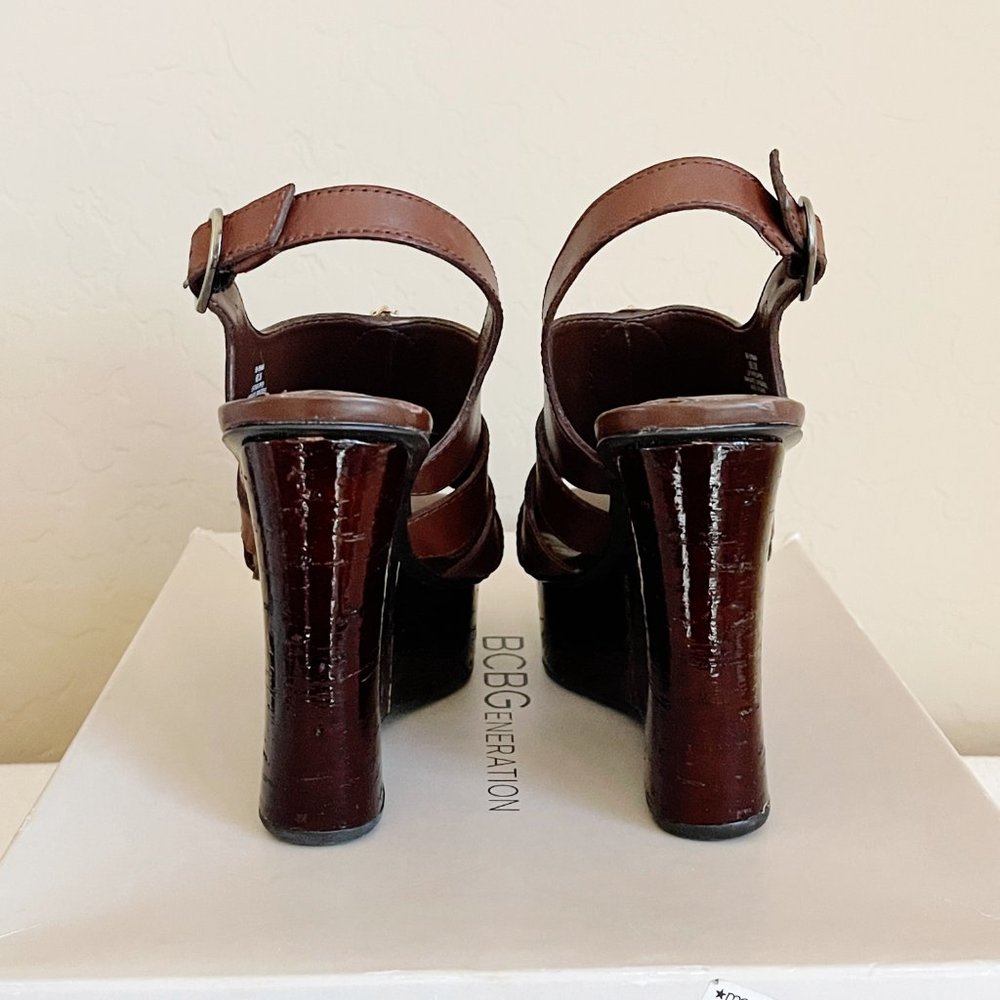 New BCBGeneration Sandals Drama Brown Turquoise Bead Stone Platform Wedge Sz 6 - Picture 8 of 13
